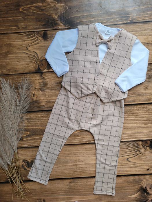 Garniturek dla dziecka na chrzest roczek urodziny kamizelka KRATKA BEŻ