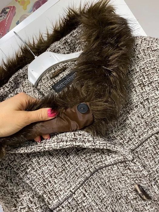 Alberto Toscani włoski futro wełniany płaszcz wełna pepitka z kapturem