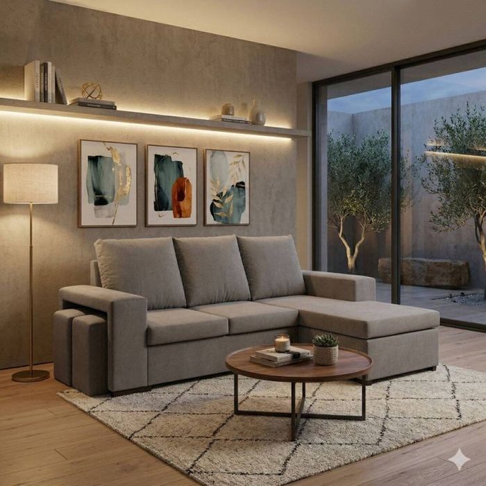 Sofá chaise lounge 2 puffs