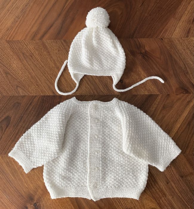 Biały sweterek niemowlęcy + czapeczka 62 68 handmade na chrzest