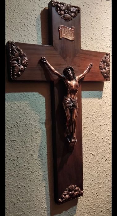 Crucifixo vintage BRONZE e madeira Séc.XIX(19)