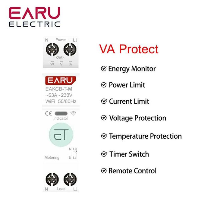 WiFi автомат смарт вимикач EARU EAKCB-T-M, смарт реле EARU EAMPDW-TY-63 з дифавтоматом