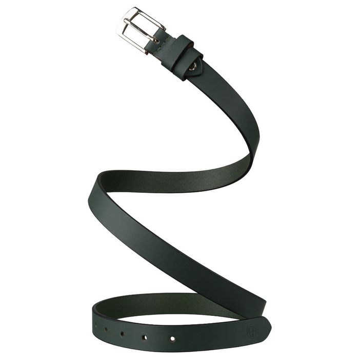 skórzany, zielony pasek damski ze srebrną, klasyczną klamrą