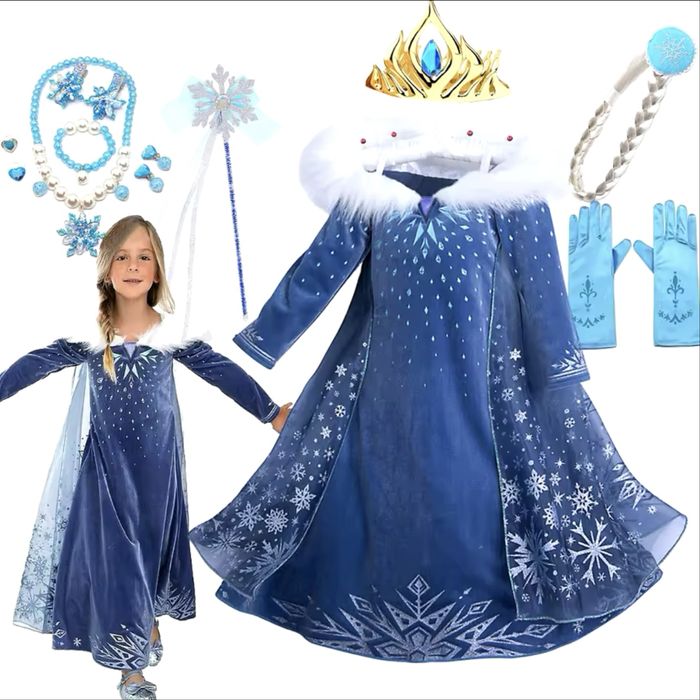 Плаття Ельзи костюм сукня Ельза синє зимове довге з коміром сніжинка