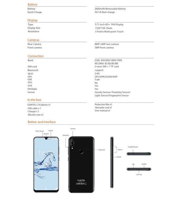 OUKITEL С16 Pro, 3/32 Gb экран 5,71", камеры 8/2/5 Mp, 2600мАч + чехол