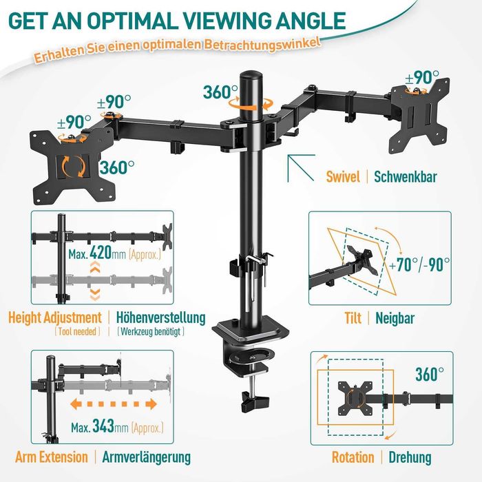 ELIVED EV002 Uchwyt biurkowy na dwa monitory 13-32" do 8kg obrót 360