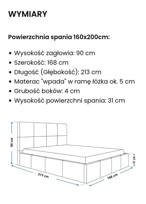 Łóżko 160x200 z pojemnikiem i stelażem metalowym