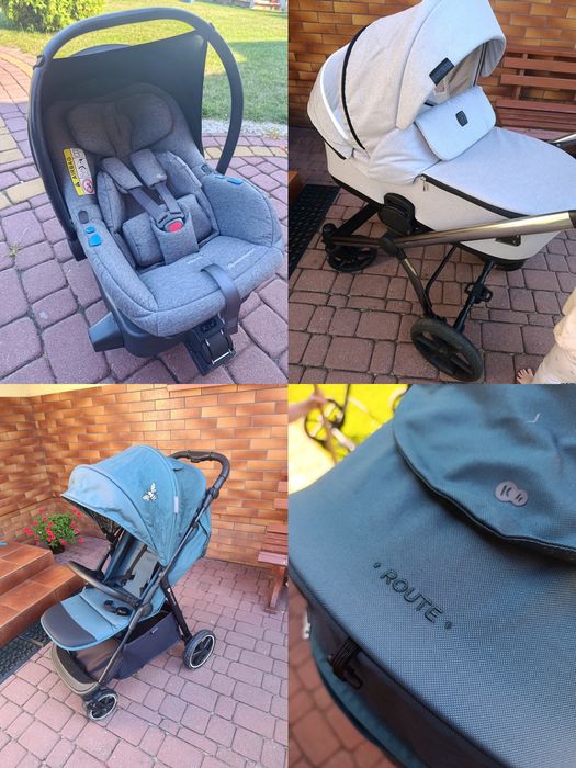 Wózek niemowlęcy Camarelo Previo + spacerówka Kinderkraft Route+ fotelik z bazą Avionaut Pixel + adaptery
