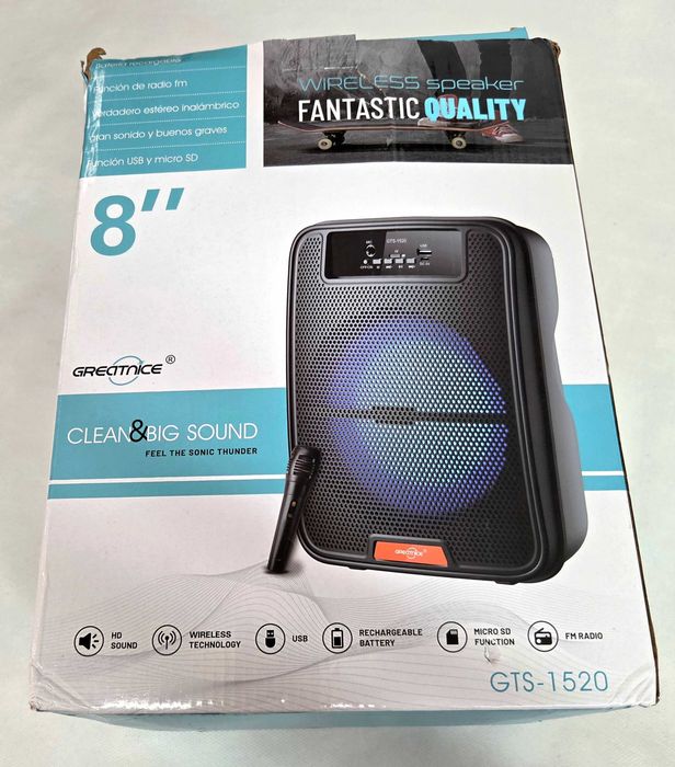Coluna portátil Greatnice GTS-1520 8" – Bluetooth – Microfone