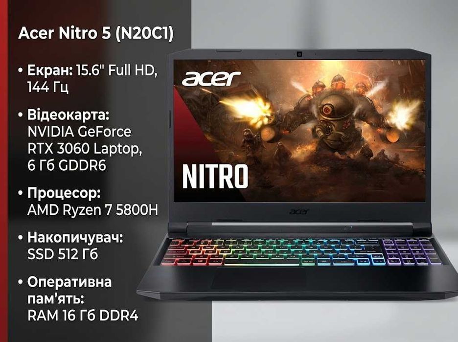 150+ Ноутбуків ℹ️ Acer nitro 5 N20С1   15.6" 144Гц‼️RTX 3060 laptop 6 Gb‼️Ryzen 7 5800H‼️SSD 512Gb/RAM 16-32Гбℹ️Traid-in‼️Розтрочка МОНО Онлайн