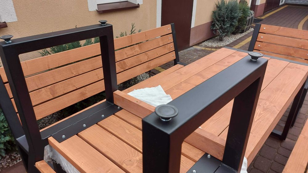 Meble ogrodowe nowoczesne LOFT stół 2 ławki drewniane metalowe profil
