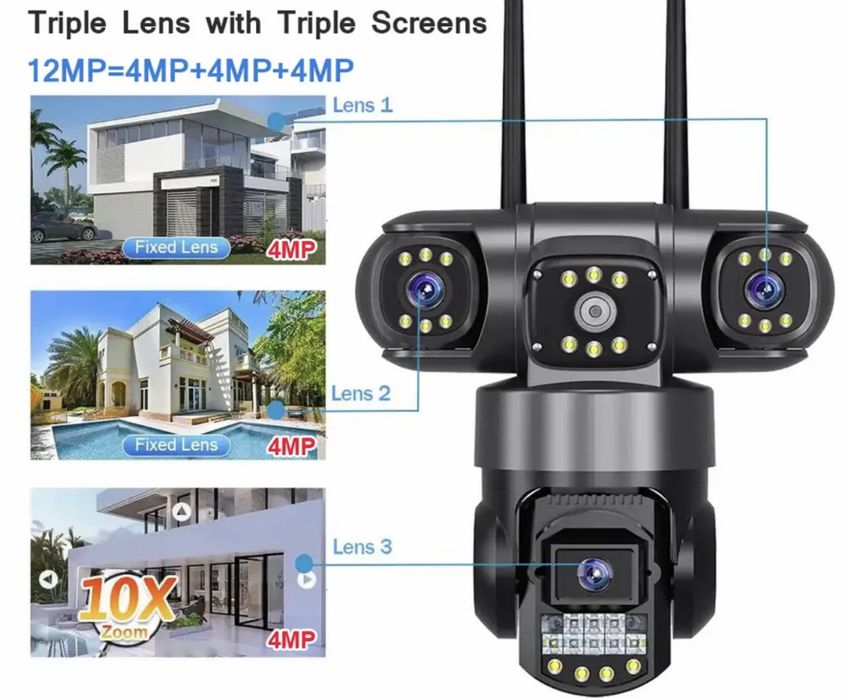 Камера V380Pro WiFi IP відеокамера зовнішня 12MP 6K 3 ОБЄКТИВА КАМЕРА
