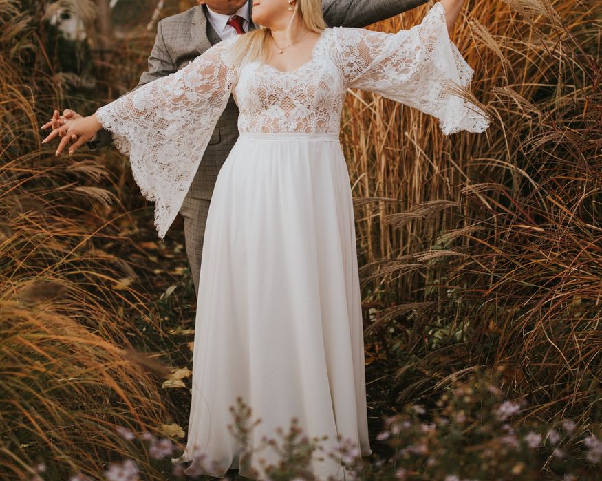 Suknia ślubna Boho szerokie rękawy koronka muślin 42!