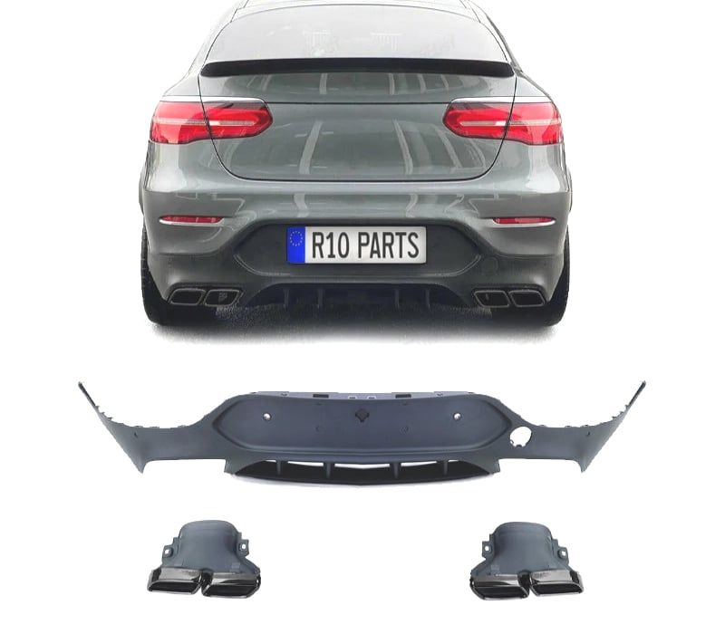 DIFUSOR TRASEIRO MERCEDES GLC C253 COUPE 15-19 LOOK AMF GLC63 + PONTEIRAS DE ESCAPE PRETAS