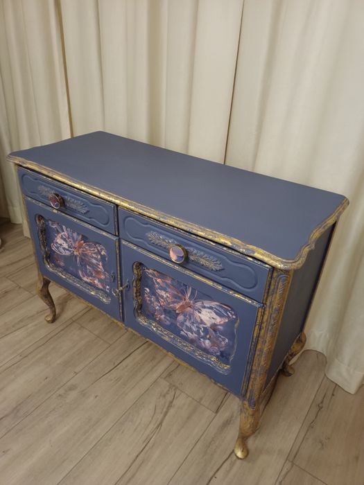 Komoda.Ludwikowska. Vintage. Granatowa z płatkami złota.Shabby.Glamour