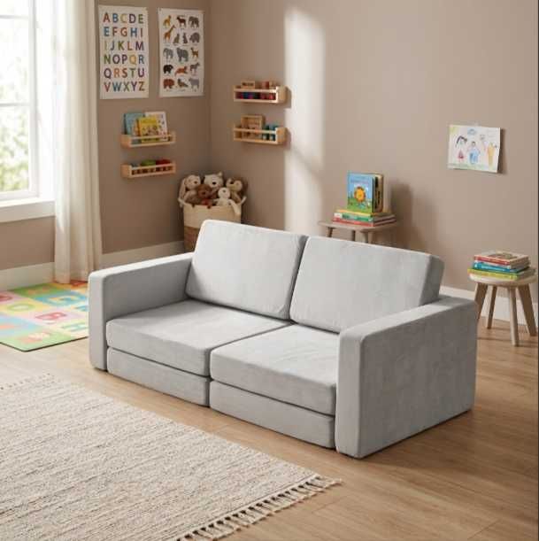 NOWA Sofa Modułowa Składana Dla Dzieci DIY 10 Poduszek Miękka Kanapa Materac Pufa Szara 120 kg Materac