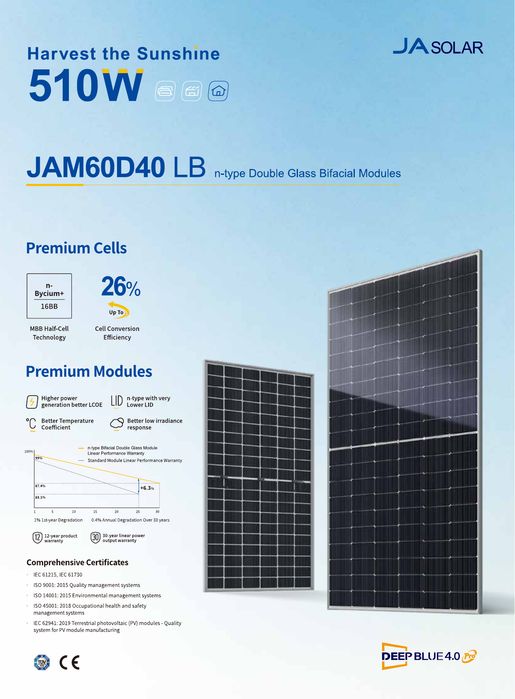 Painel fotovoltaico JA Solar 510W bifacial, vidro-vidro, Mono, moldura