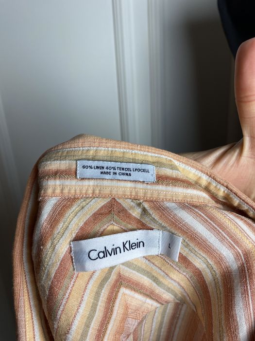 Koszula krótka beżowa w paski 40 L Calvin Klein len lyocell na wiosne