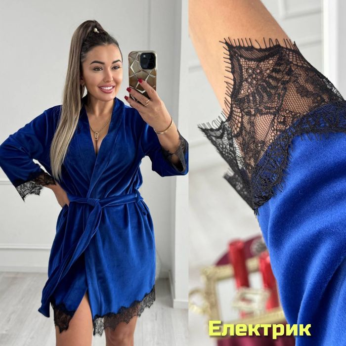 ‼️ Велюровий халат з мереживом. ОПТ та роздріб. Розм:42-44,46-48,50-52,54-56