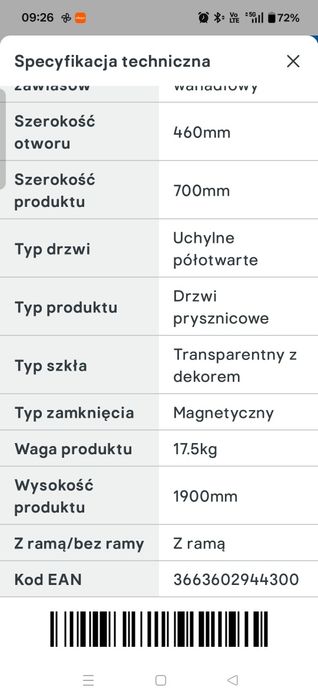 Drzwi prysznicowe wahadlowe  70