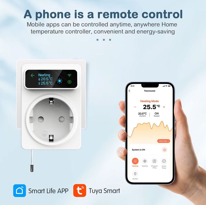 Wifi Термостат-розетка з дисплеєм та зовнішнім датчиком (Tuya)