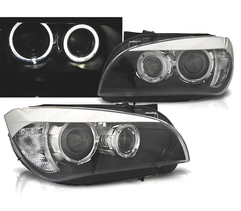 FARÓIS FRONTAIS BMW X1 E84 09- OLHOS DE ANGEL LED FUNDO PRETO