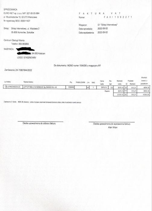 MacBook Air M1 8GB 256GB (93%, 228 cykli, paragon)