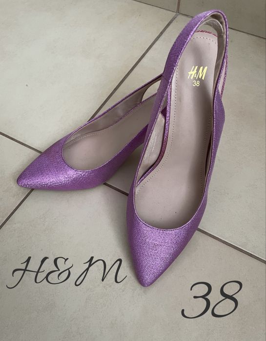 H&M wrzosowe blyszczace lila róż buty na obcasie 38