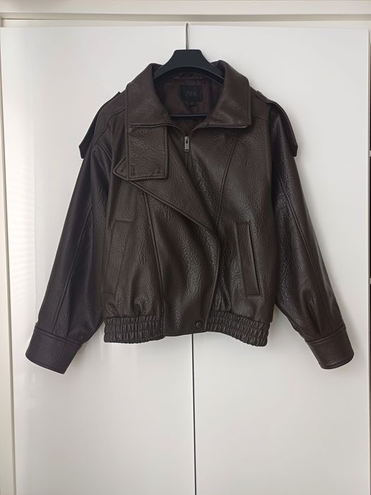 ZARA kurtka w stylu motocylkowym brązowa oversize bomber