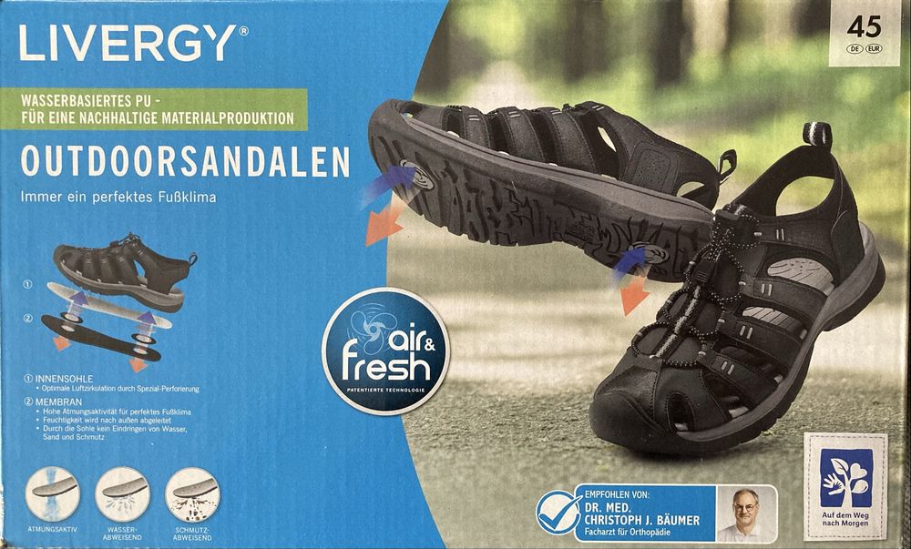 Sandały * LIVERGY * Rozmiar 45 * AIR FRESH * Wentylacja * Czarne * NOWE W KARTONIE