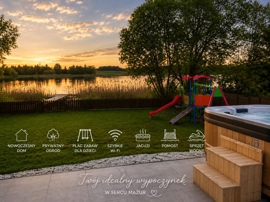 Dom Premium  nad Jeziorem z prywatnym pomostem i jacuzii. | 5 sypialni | Łódka | Kajaki | Plac Zabaw