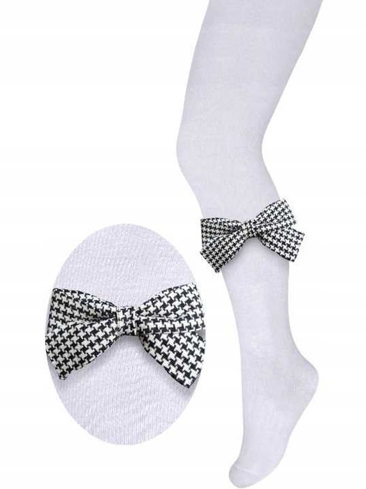 Rajstopy dziecięce bawełniane z kokardką w pepitkę białe 116/122