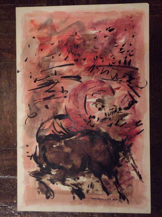Aguarela "Tourada" pintor Oscar Pinto Lobo