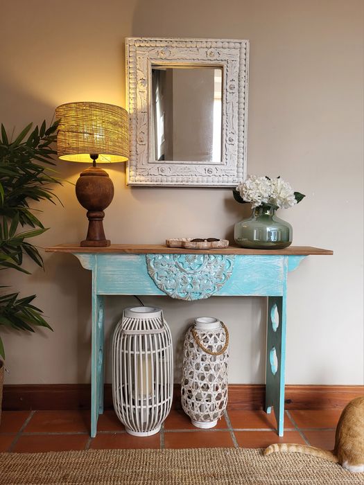 aparador, consola, mesa, azul, talha, decoração, rustico