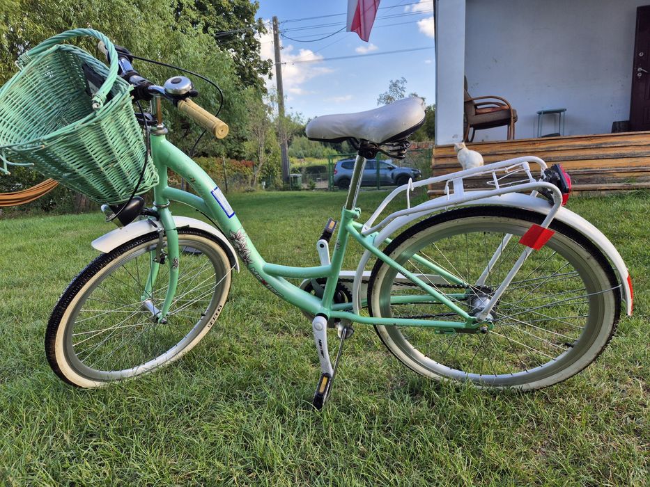 Rower dziecięcy z koszykiem.