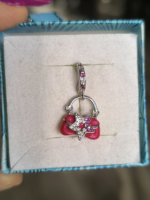 Nowa srebrna zawieszka beads różowa torebeczka z cyrkoniami