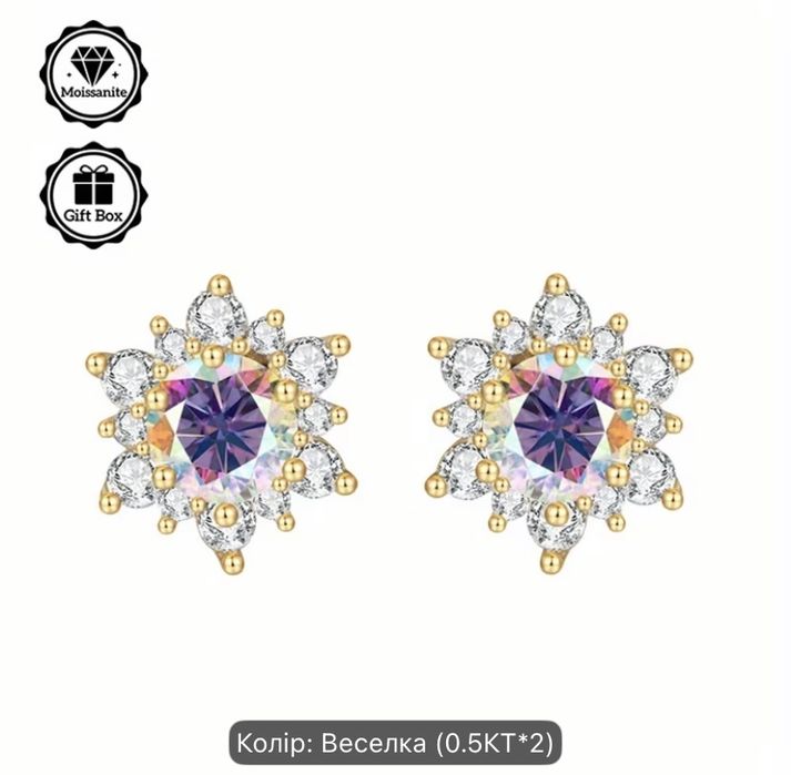 Срібні сережки з діамантами муасанітами колір веселка 0.5 ct*2. Сертифікат
