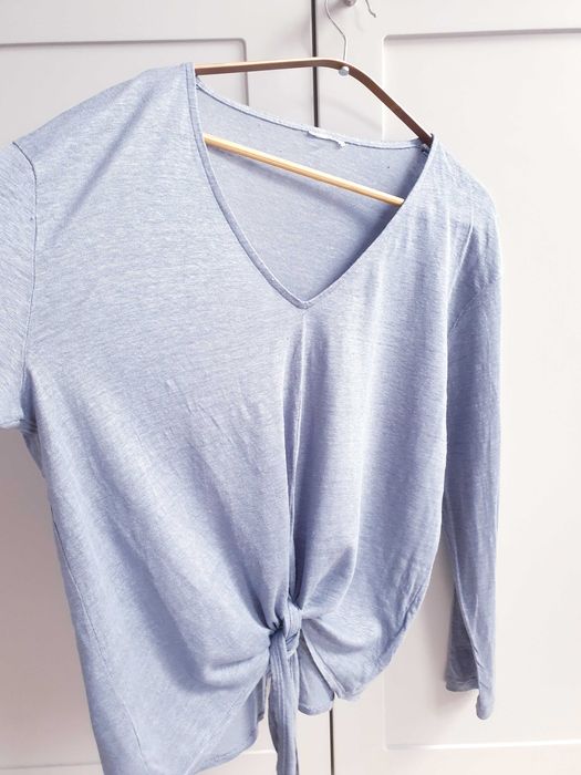 Niebieska lniana bluzka wiązana 100% len 42 44 oversize pudełkowa