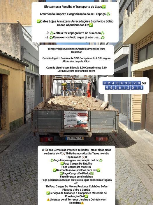 Faço Demolição e Recolha de Entulho Madeira Pladur Monos Resíduos Etc