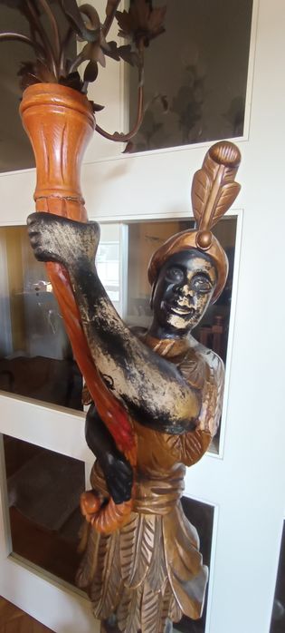 Tocheiro Veneziano Blackamoor 2,10m - Candeeiro de Pé Antigo Madeira Maciça - Paredes Porto