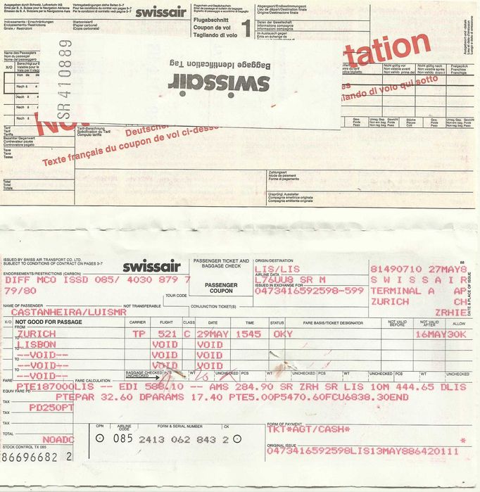 SWISSAIR - bilhete de avião antigo 1988 - aviação - airlines - airways