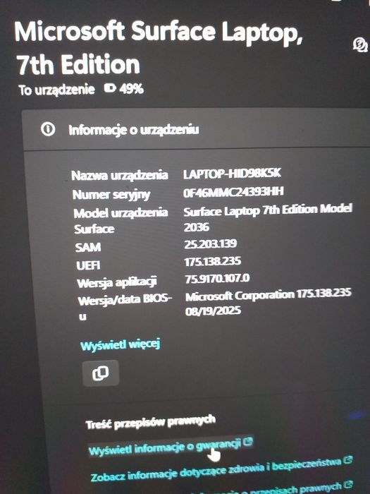 Laptop Microsoft surface 7th Win11 16/512gb ram Gwarancja 12/2026
