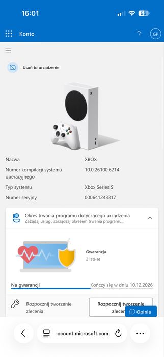 Xbox Series S gwarancja do 10.12.2026