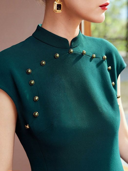 Sukienka Elegancka Ołówkowa Midi Ze Stójką Zielona Motf Premium M 38