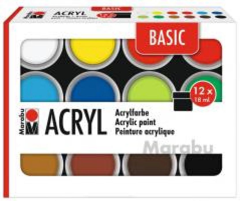 Farby akrylowe Basic 18ml 12 kolorów Marabu pudełko,114x152 mm
