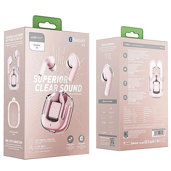 Acefast dokanałowe słuchawki bezprzewodowe TWS Bluetooth różowy (T6 pi