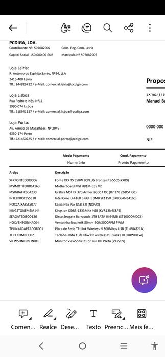 Computador fixo a funcionar