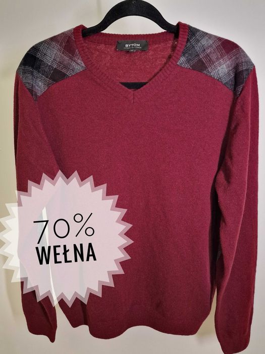 Sweter meski w serek Bytom z  naszywkami L 80% wełna bordowy elegancki