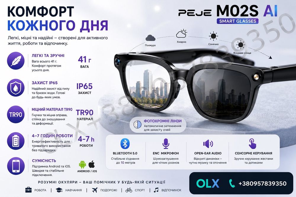Смарт окуляри  PEJE  M 02S Топ модель.Штучний інтелект. Оснащені камерою  SONY 8МP  WIFI  Bluetooth 5.4. Розпізнавання обʼєктів та синхронний переклад
