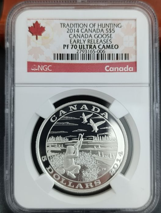 Канада 5 доларів 2014 р.- Традиції полювання "Гусь" - NGC PF70 ULTRA CAMEO. СРІБЛО. СЛАБ.
